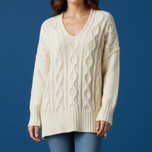 WISHLIST Oversized Cream Cable Chain Fisherman Grandpa Sweater